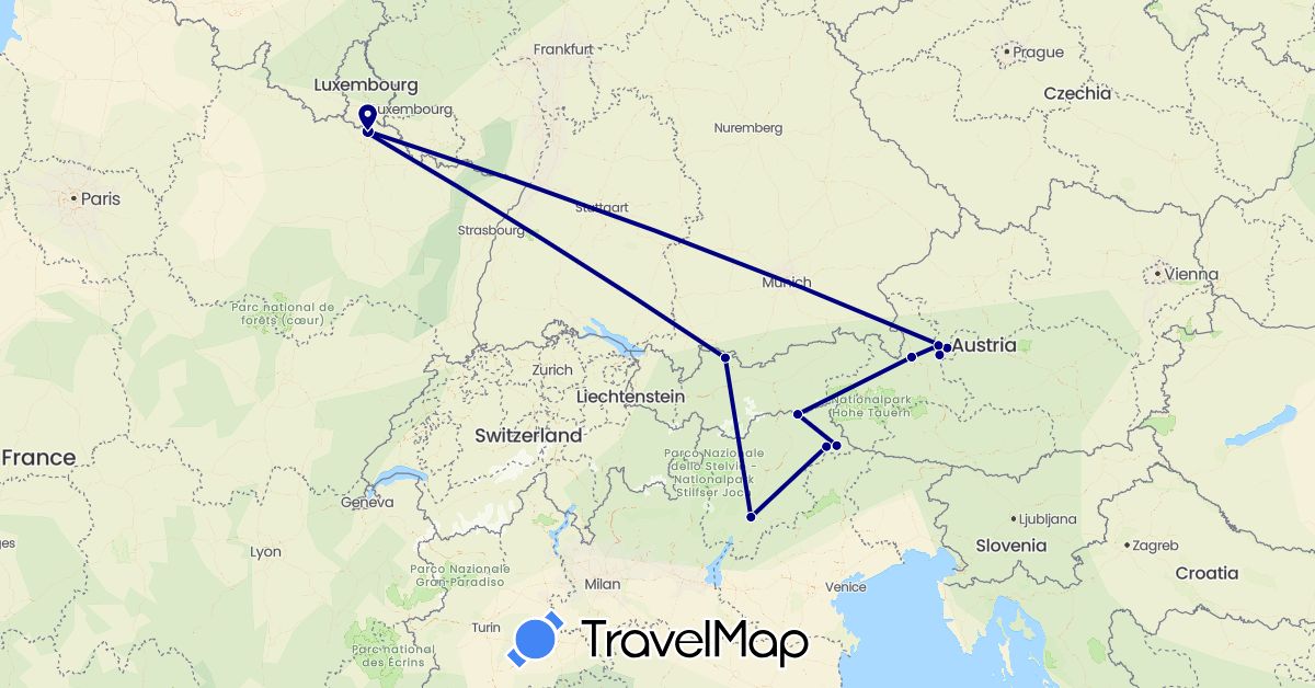 TravelMap itinerary: driving in Austria, France, Italy (Europe)